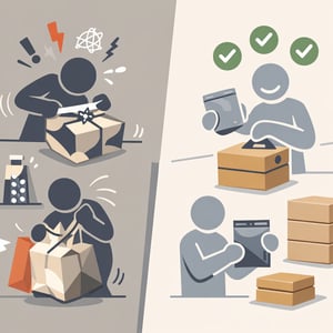 Conceptual editorial illustration illustrating the impact of poor packaging usability and functionality Split or layered illustration one side shows a