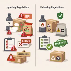Conceptual editorial illustration illustrating the risk of ignoring legal regulations and compliance requirements in packaging design Contrast between-1