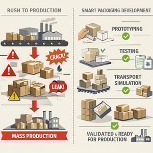 Conceptual editorial illustration illustrating the risk of launching packaging without prior testing and validation Contrast between a package going d-1