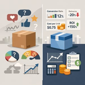 Conceptual editorial illustration illustrating the risk of not defining clear success metrics for packaging updates Square composition 11 aspect ratio-1