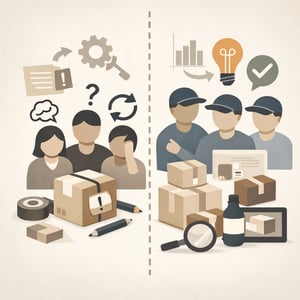 Conceptual editorial illustration showing the risk of handling packaging updates internally without specialized expertise Square composition 11 aspect
