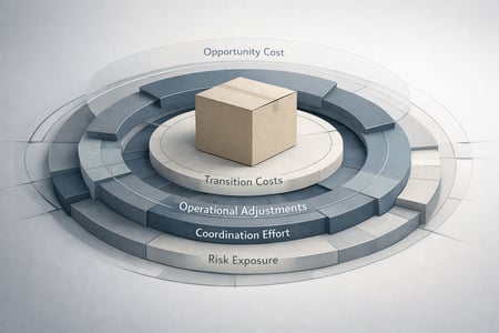 Create a conceptual highend B2B illustration that represents the Total Cost of Ownership TCO of a packaging changeShow a packaging project at the cent-2