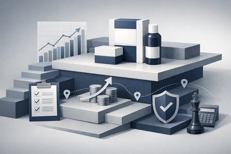 Create a highend B2B editorial illustration that represents a packaging change managed as a financial investment with risk control not as a cosmetic r