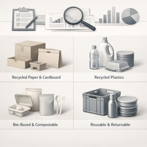 Create a structured editorialstyle B2B illustration that compares different sustainable packaging materials in a strategic analytical wayRepresent fou