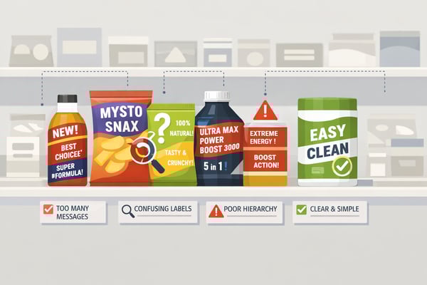 Horizontal illustration for a B2B blog about packaging mistakes that reduce product sales in retail Show a retail shelf with multiple product packages-1