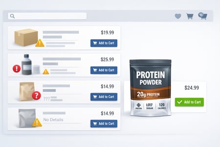 Horizontal illustration for a B2B blog section about packaging performance in ecommerce Show an online shopping interface with product listings where