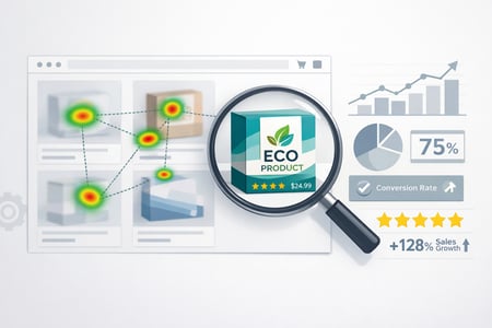 Horizontal illustration for a B2B blog section about research insights on packaging design for ecommerce Show product packaging displayed as small thu-1