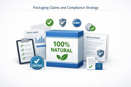Horizontal modern illustration representing packaging claims and compliance strategy Show a product package with one clear main claim visible on the f