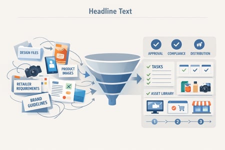 Horizontal modern illustration representing the complexity of managing packaging and brand assets internally versus using a structured system Show pac-1