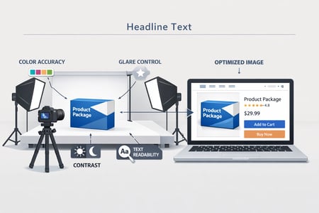 Horizontal modern illustration showing packaging being photographed for an online store hero image A product package is placed in a studio setup with-1