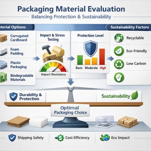 Strategic image showing the process of evaluating packaging material selection based on product protection and logistics requirements Visual elements-1