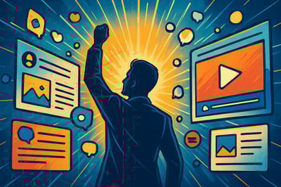 comicbook Create a digitalstyle image symbolizing the power of content creation Include abstract representations of online posts videos or blogs radia-1