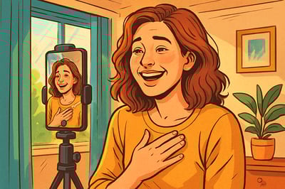 comicbook Create a modern colorful image representing authenticity and human connection in digital marketing Show a person recording a natural unfilte
