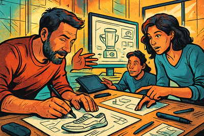 comicbook Create an artistic image showing the process of creation in real time a person or team working on a product sketching designing or sharing