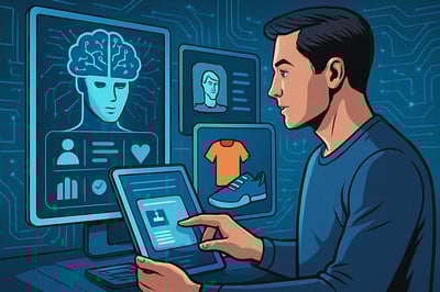 comicbook Generate a modern image that represents AIdriven personalization in marketing Include elements like user data digital profiles or customized