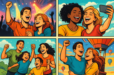 comicbook Generate a visual that represents people enjoying unique experiences rather than buying material things Show emotions memorable moments or i-2