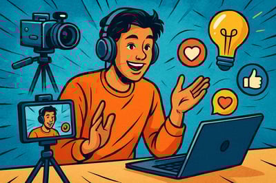 comicbook Generate an image that represents creators as the main characters in digital marketing Show a content creator recording or sharing knowledge