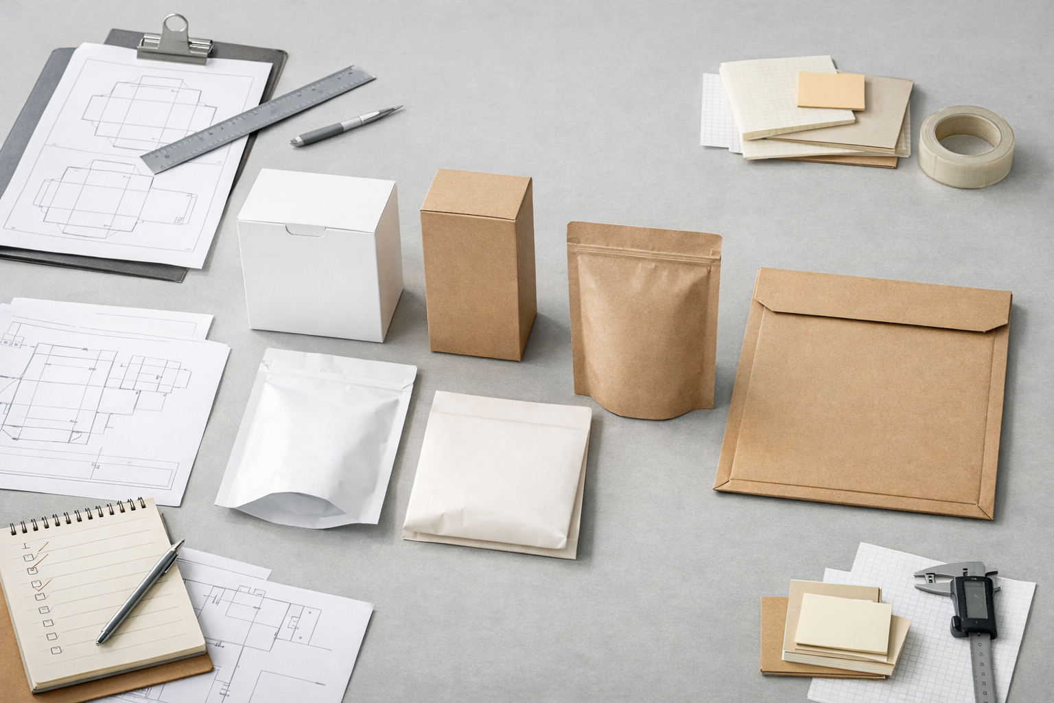 Professional editorial image for a B2B landing page about adapting packaging for multiple retailersScene clean modern workspace with multiple generic